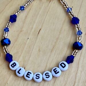 BLESSED Letter Blue & Gold Colored Beaded Bracelet